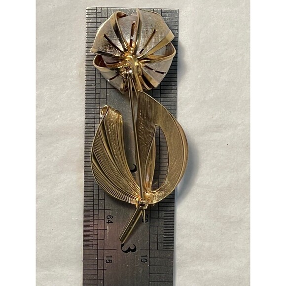 Vintage 3D Rose Bud Brooch, 3" Long, Gold Plated Textured Accents - Picture 9 of 9